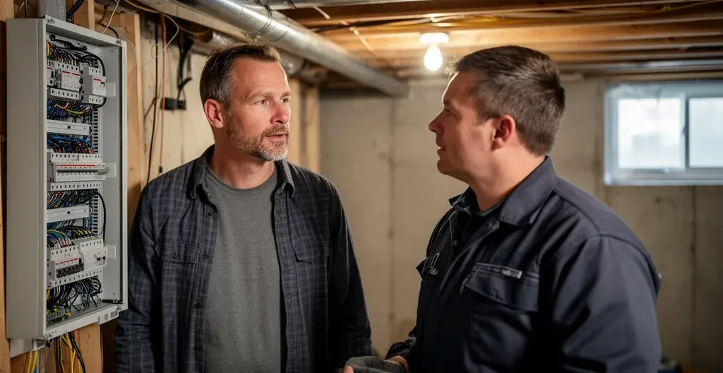 Propriétaire discutant avec un électricien qualifié devant un panneau électrique en rénovation
