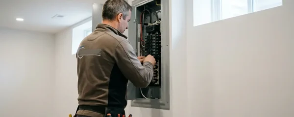 Électricien qualifié inspectant un panneau électrique lors d'une rénovation résidentielle au Québec
