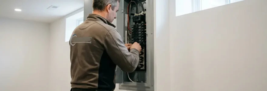 Électricien qualifié inspectant un panneau électrique lors d'une rénovation résidentielle au Québec