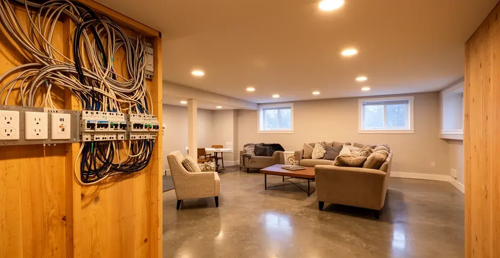 Sous-sol familial québécois rénové avec installation électrique professionnelle visible