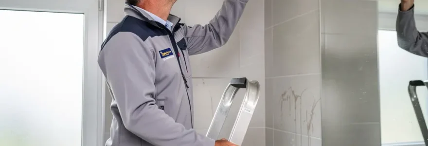 Technicien vérifiant une bouche d'extraction VMC dans une salle de bain résidentielle