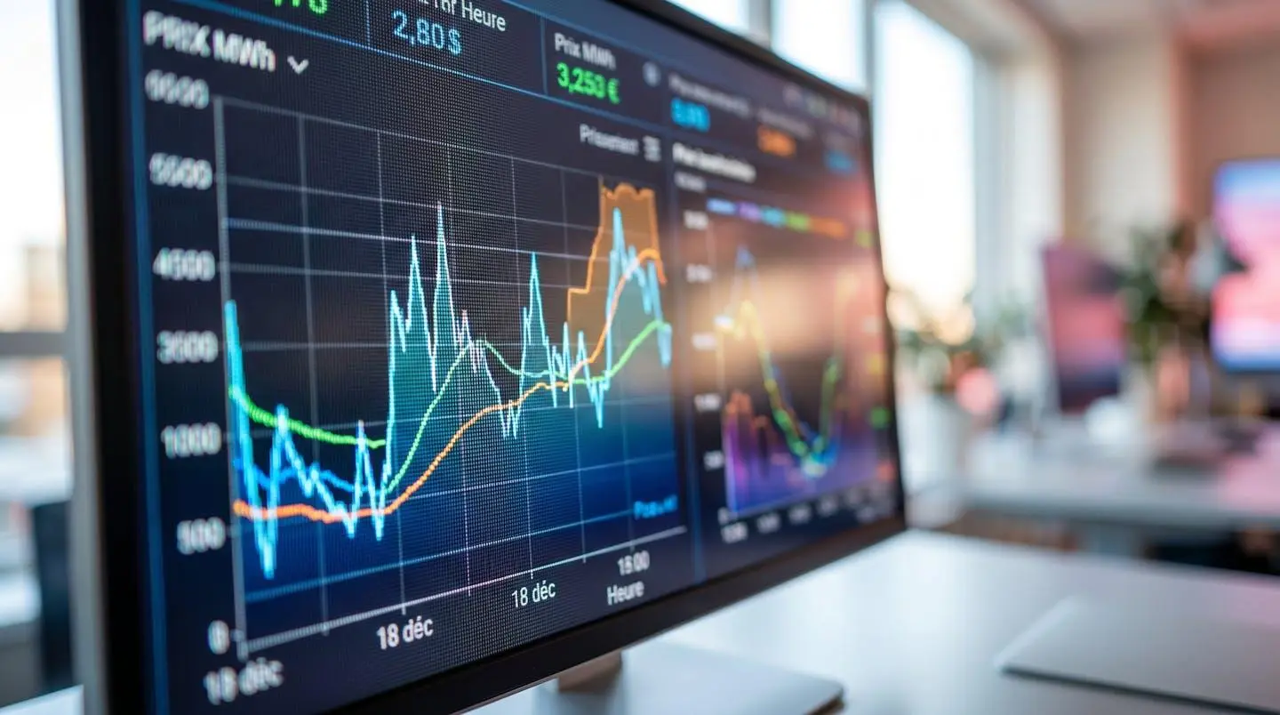 Gros plan sur un écran d'ordinateur affichant des courbes et des graphiques de prix de l'électricité avec des données chiffrées floues en arrière-plan