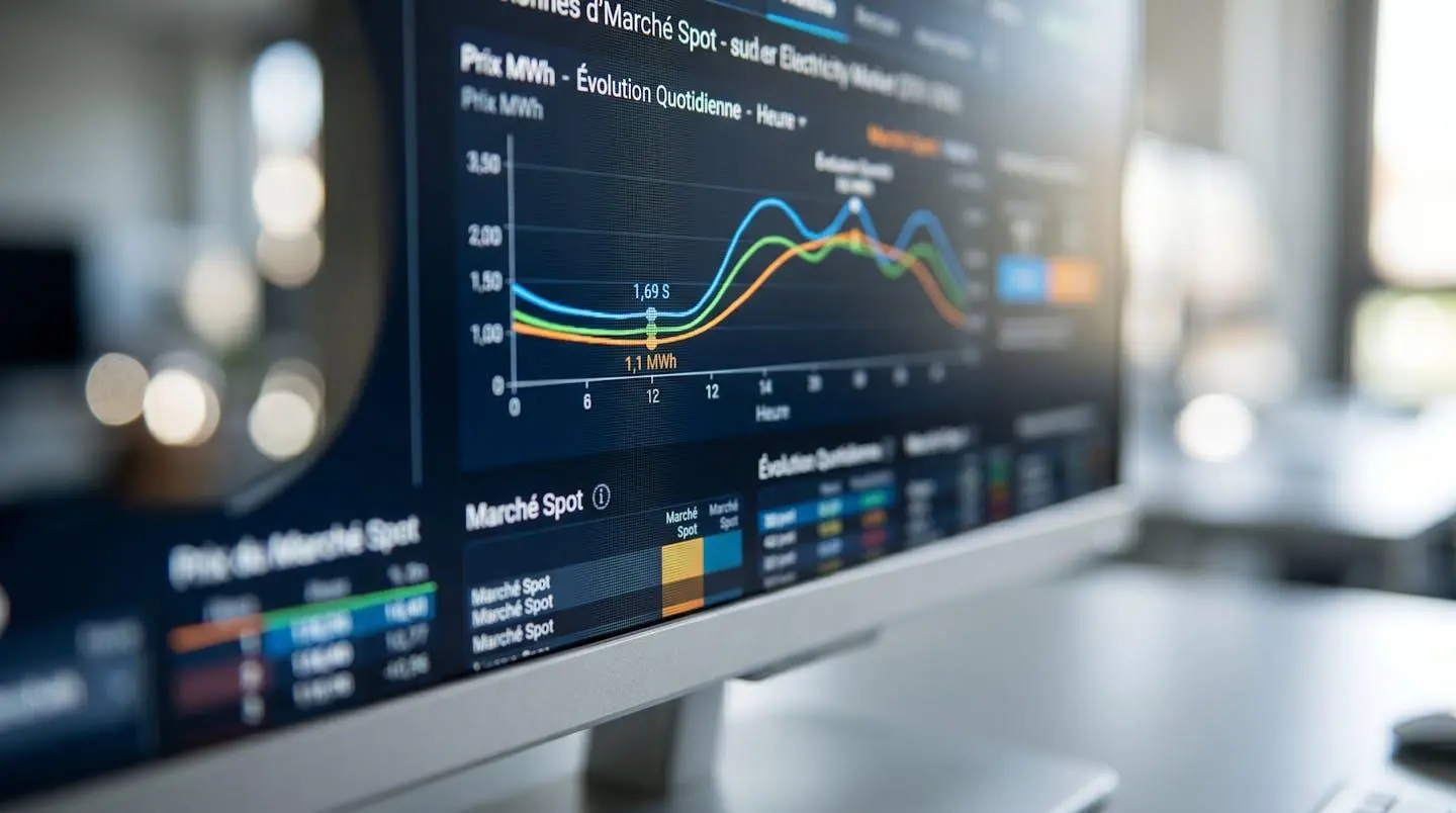 Gros plan sur un écran d'ordinateur affichant des courbes et des graphiques de prix de l'électricité avec des données chiffrées floues en arrière-plan