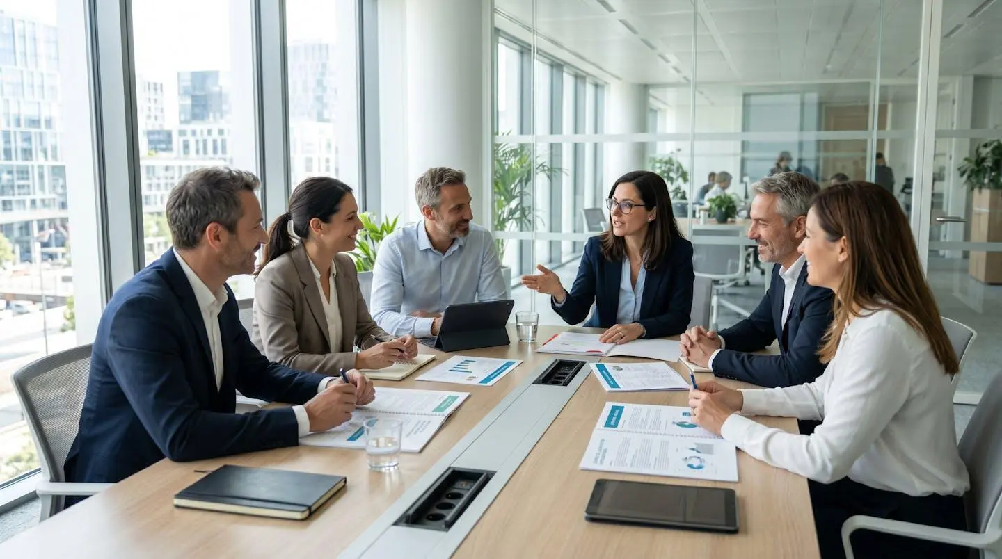 Professionnels en réunion autour d'une table moderne consultant des documents de contrats d'énergie dans un environnement de bureau lumineux
