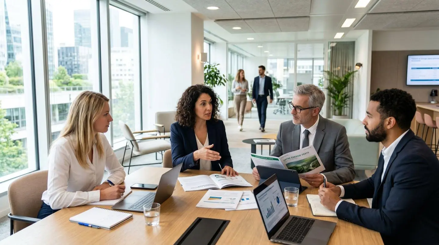 Professionnels en réunion autour d'une table moderne consultant des documents de contrats d'énergie dans un environnement de bureau lumineux