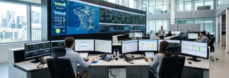 Salle de contrôle moderne d'un réseau électrique avec écrans de monitoring affichant des données de production et de consommation en temps réel