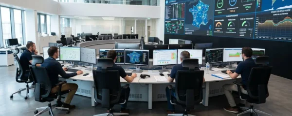 Salle de contrôle moderne d'un réseau électrique avec écrans de monitoring affichant des données de production et de consommation en temps réel