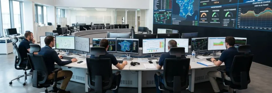 Salle de contrôle moderne d'un réseau électrique avec écrans de monitoring affichant des données de production et de consommation en temps réel