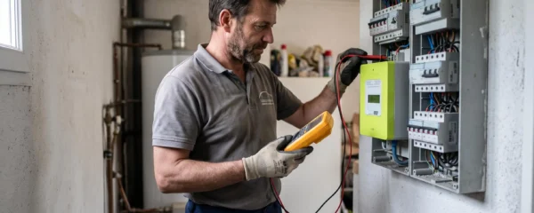 Électricien inspectant un compteur Linky sur un tableau électrique résidentiel français