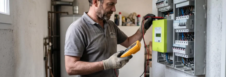 Électricien inspectant un compteur Linky sur un tableau électrique résidentiel français