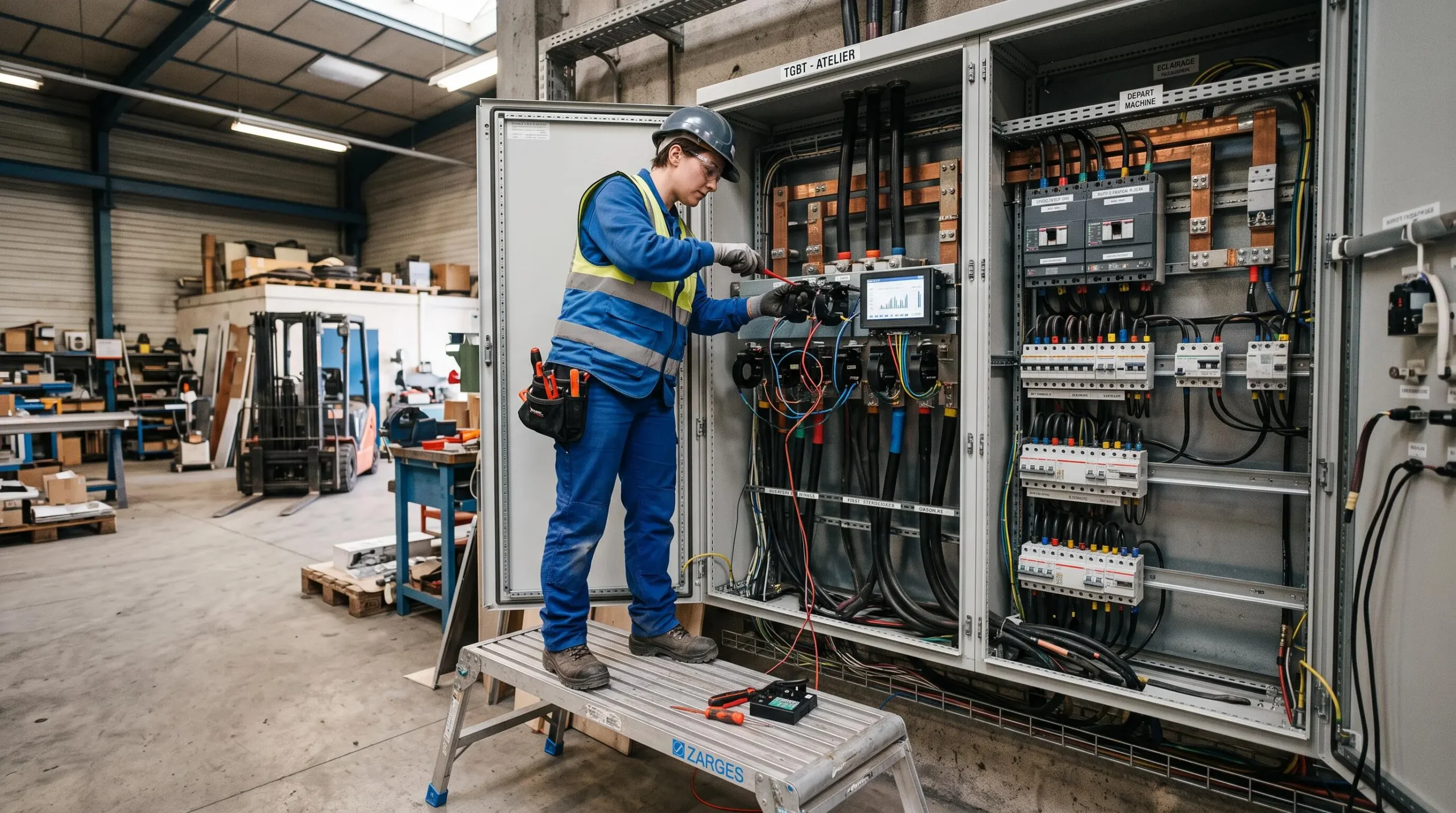 Technicien installant un système de monitoring énergétique sur une armoire électrique dans une PME française