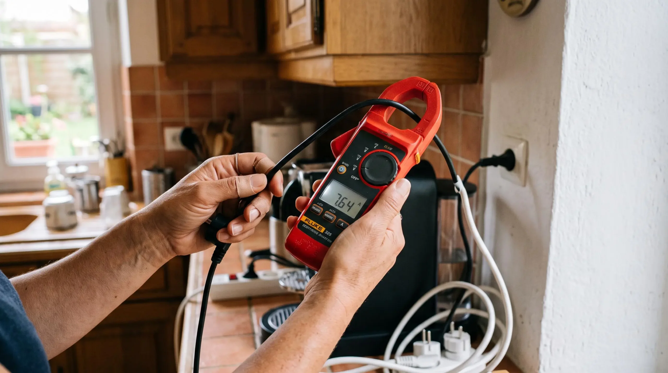 Mains utilisant une pince ampèremétrique pour mesurer la consommation électrique d'un câble dans un intérieur résidentiel